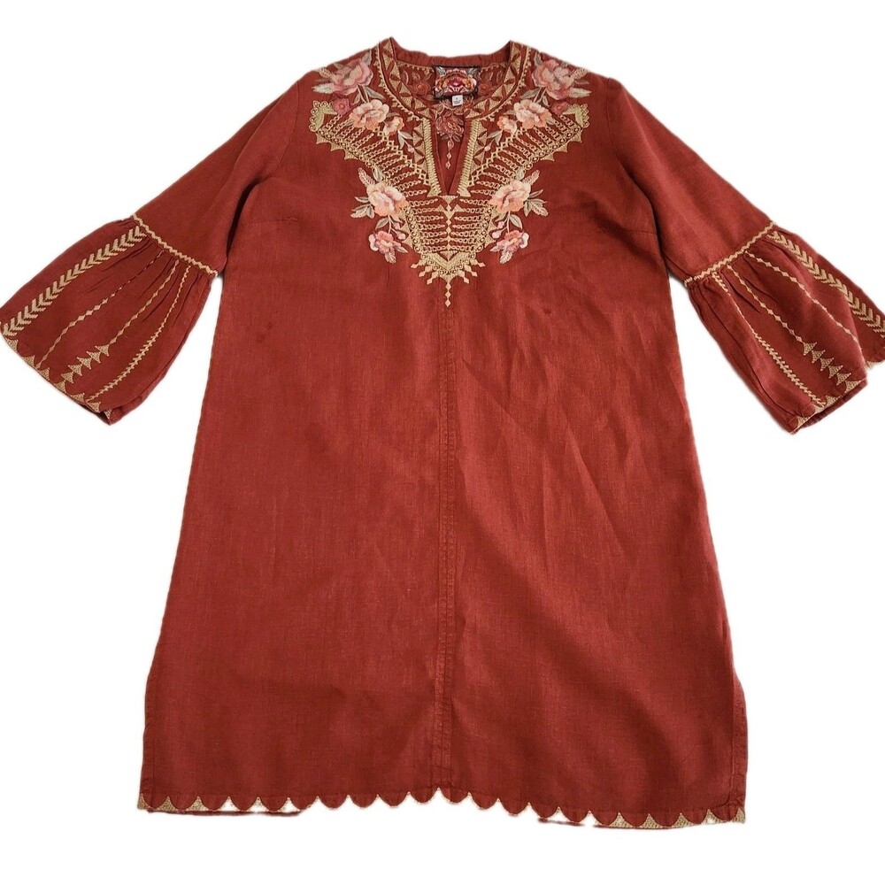 Johnny Was Embroidered Floral Terracotta Boho Linen Tunic Dress READ INFO SZ S